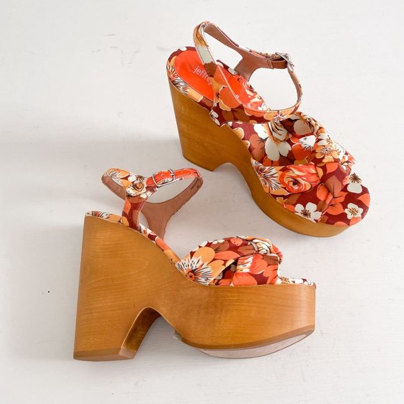 Jeffrey Campbell Orange & Brown Floral Jacy Wood Platform Wedge Sandals Size 8 - Picture 1 of 16